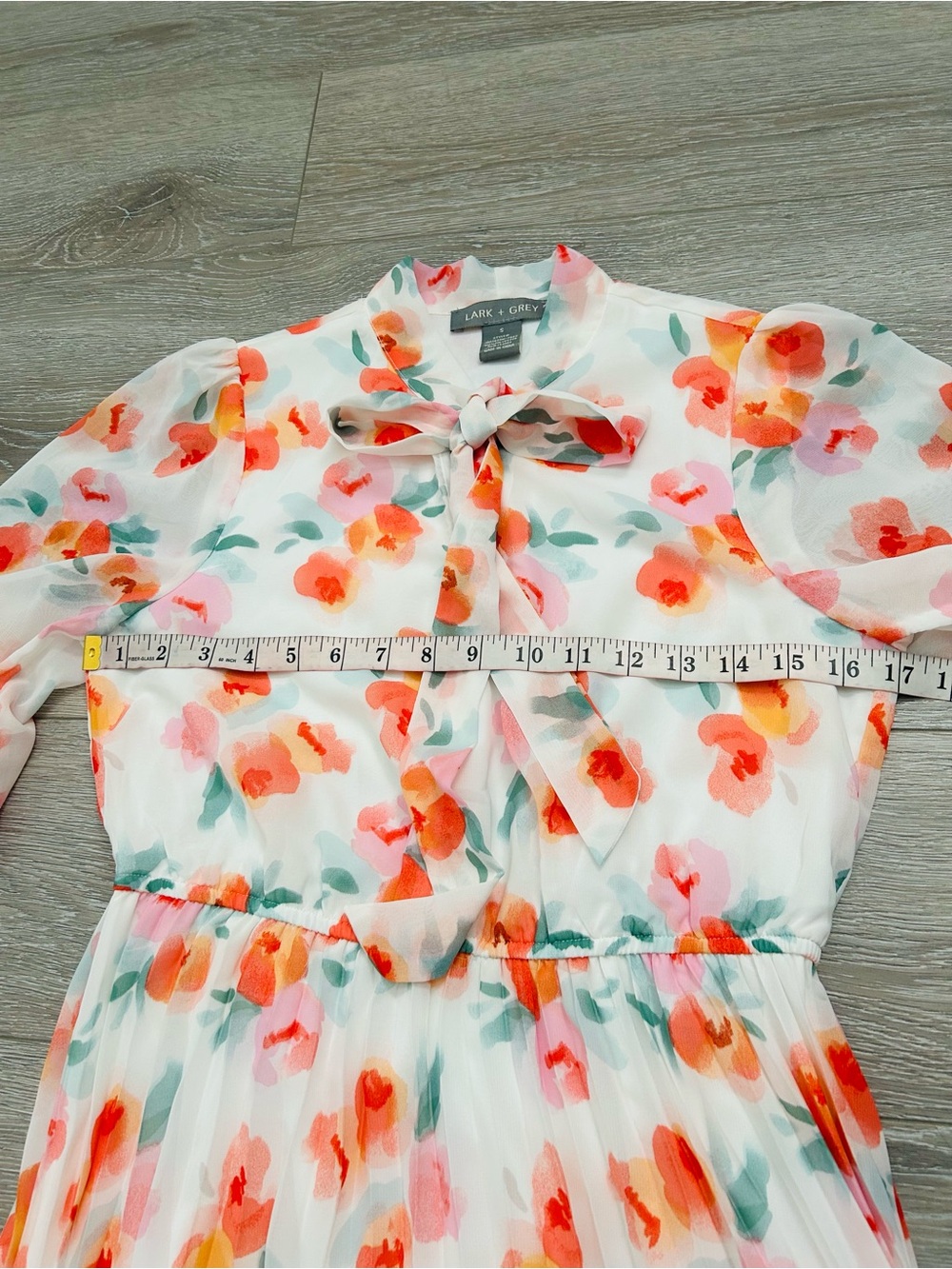 Lark + Grey Tie-Neck Floral Midi Dress in White with Pink & Orange Print - Picture 7 of 9